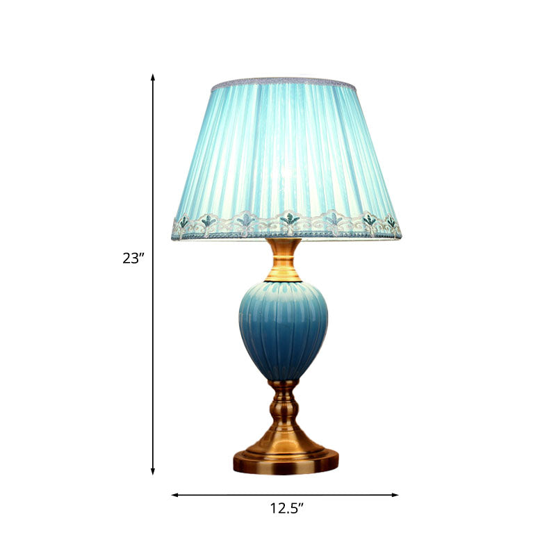 1-Light Retro Sky Blue Night Lamp With Pleated/Paneled Fabric Shade And Ceramic Base