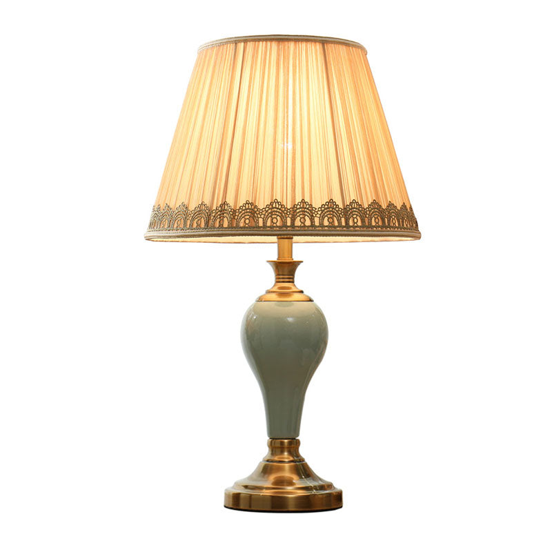 Ceramic Urn Table Lamp Vintage Bedside Nightstand Light In Aqua/Beige/Grey With Fabric Shade