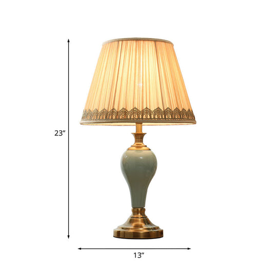 Ceramic Urn Table Lamp Vintage Bedside Nightstand Light In Aqua/Beige/Grey With Fabric Shade