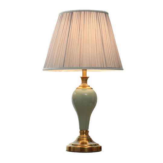 Ceramic Urn Table Lamp Vintage Bedside Nightstand Light In Aqua/Beige/Grey With Fabric Shade