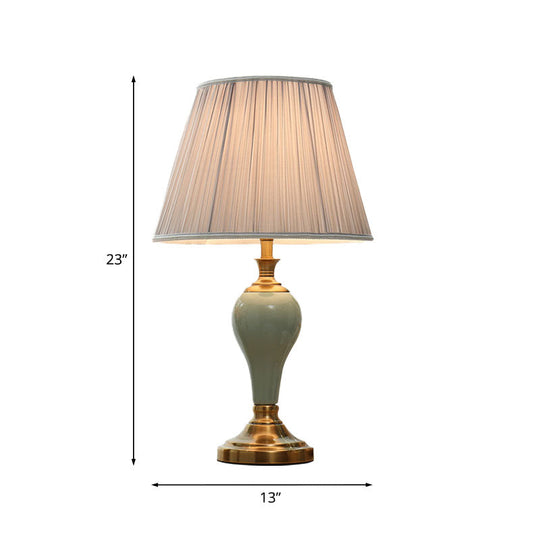 Ceramic Urn Table Lamp Vintage Bedside Nightstand Light In Aqua/Beige/Grey With Fabric Shade