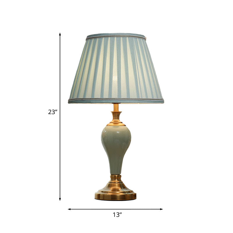 Ceramic Urn Table Lamp Vintage Bedside Nightstand Light In Aqua/Beige/Grey With Fabric Shade