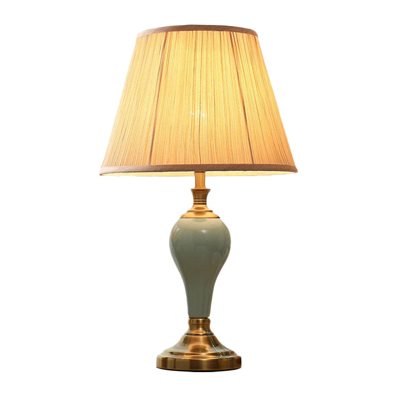 Ceramic Urn Table Lamp Vintage Bedside Nightstand Light In Aqua/Beige/Grey With Fabric Shade