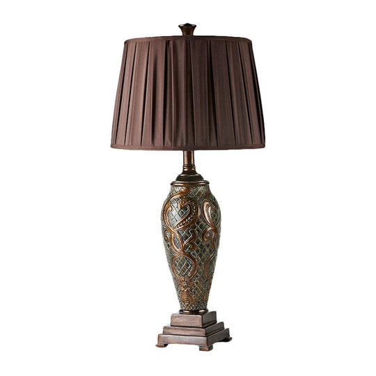 Rustic Resin Coffee Table Lamp With Drum Pleated Fabric Shade