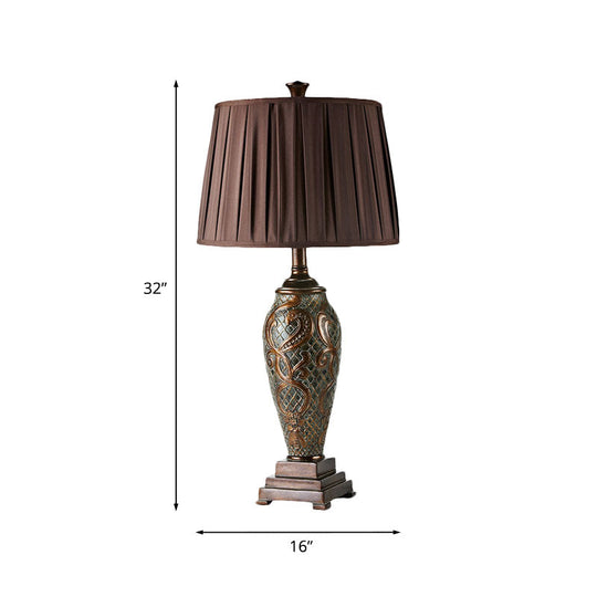 Silvia - Rustic Resin Coffee Table Stand Light Urn-Base 1 Head Rustic Night Lamp with Drum Pleated Fabric Shade