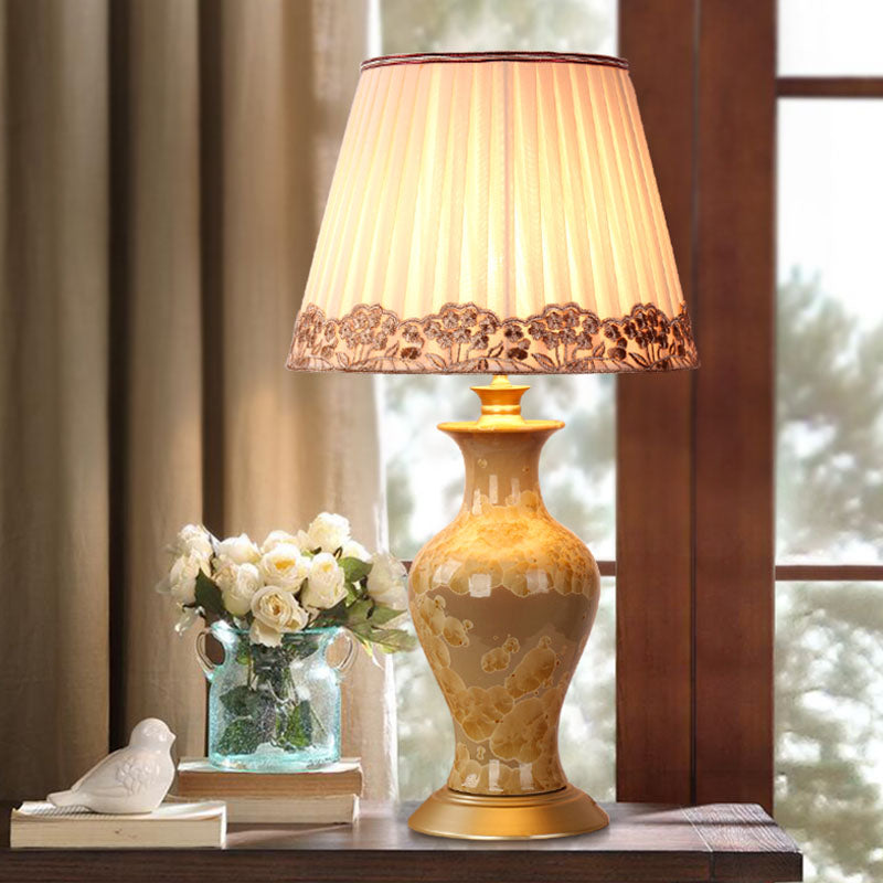 Rustic Beige Ceramic Urn Night Light With Pleated Fabric Shade - Living Room Table Lighting