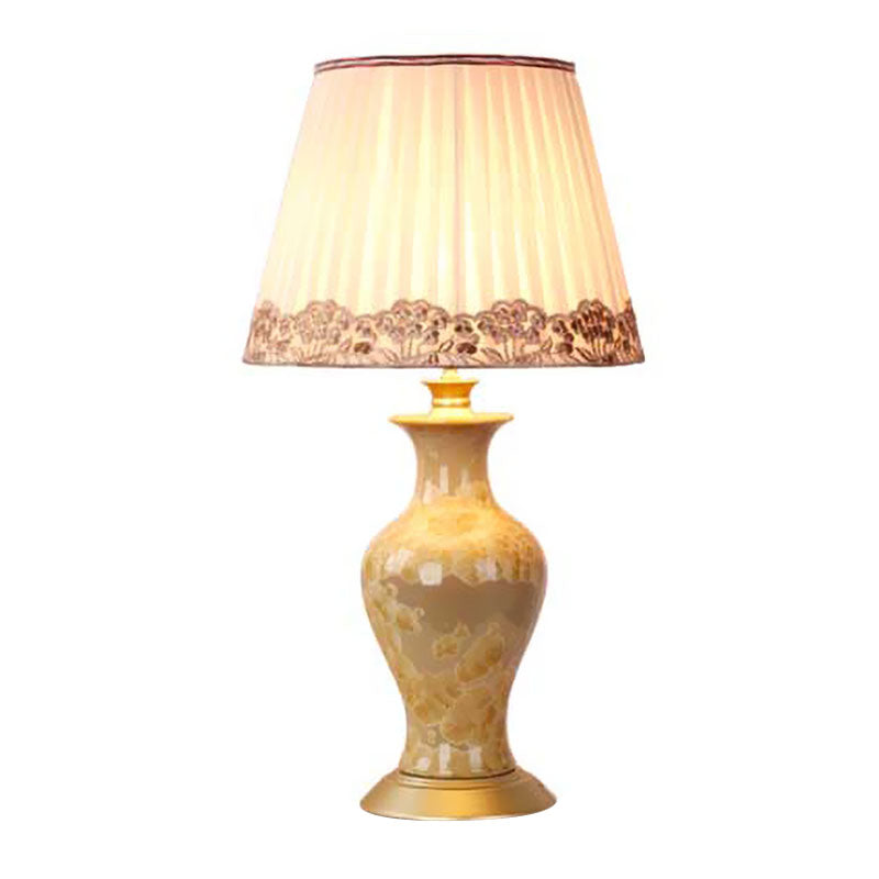 Eva - Beige Beige Urn Night Light Rustic Ceramic 1 Head Living Room Table Lighting with Pleated Fabric Shade