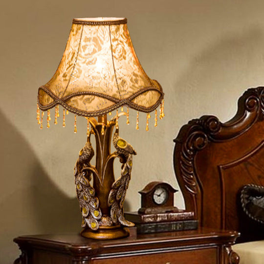 Noemi - Rose Print Fabric Table Lamp with Peacock Decoration in Gold