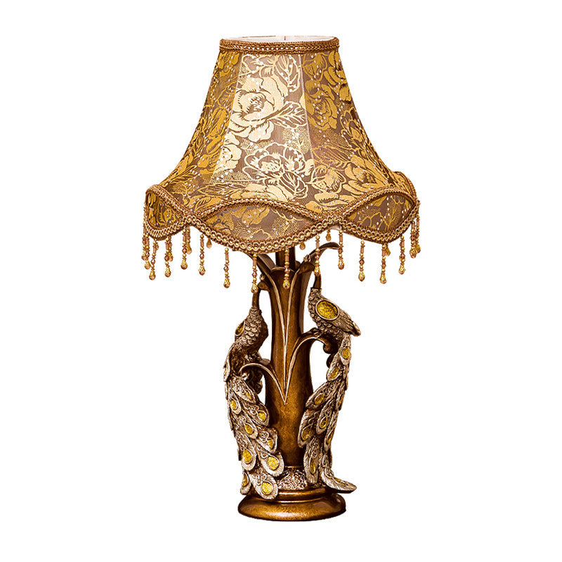 Noemi - Rose Print Fabric Table Lamp with Peacock Decoration in Gold