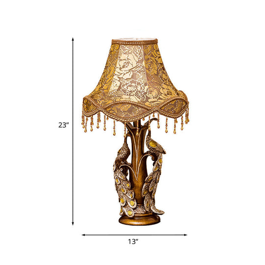 Traditional 1-Light Bedside Night Lamp With Scalloped Rose Print Fabric Peacock Decoration - Gold