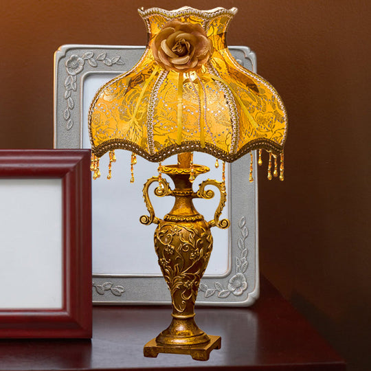 Classic Two-Handled Vase Table Lamp With Fabric Shade In Gold - Resin Nightstand Light