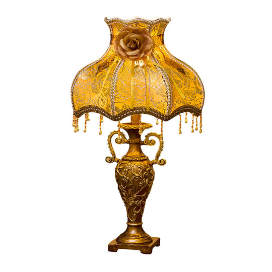 Camila - Gold Traditional Two-Handled Vase Table Lamp 1 Bulb Resin Nightstand Light with Curved Fabric Shade in Gold