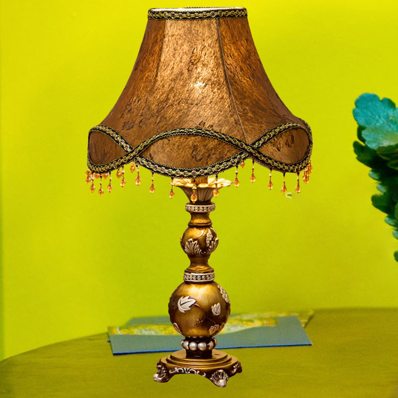 Traditional Brown Fabric 1-Light Table Lamp With Scalloped Bell Design 13/16 Width / 13