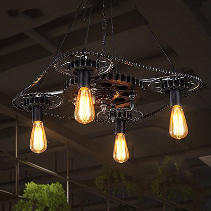 Black Finish Industrial Style Ceiling Fixture With Metallic Bare Bulb Pendant Light - 4 Heads And