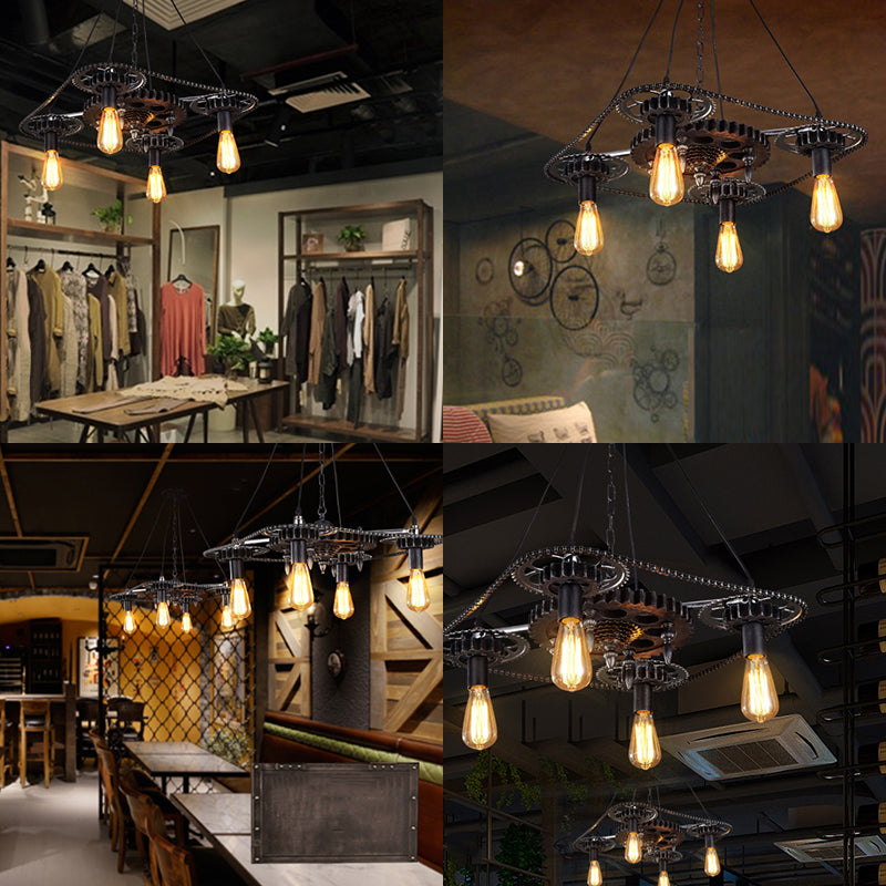 Industrial Style Bare Bulb Pendant Light with Black Finish and Gear Deco – 4 Heads Ceiling Fixture