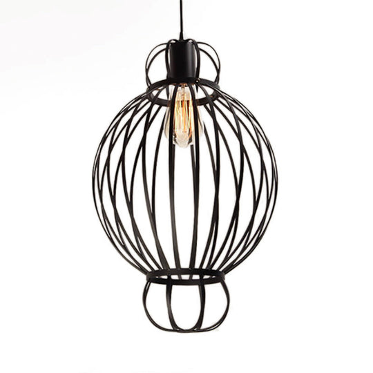 Vintage Industrial Black Wire Cage Pendant Lamp with Lantern Design - Restaurant Hanging Light Fixture - 1 Light