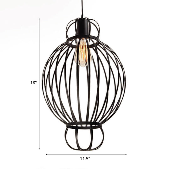 Vintage Industrial Black Wire Cage Pendant Lamp with Lantern Design - Restaurant Hanging Light Fixture - 1 Light