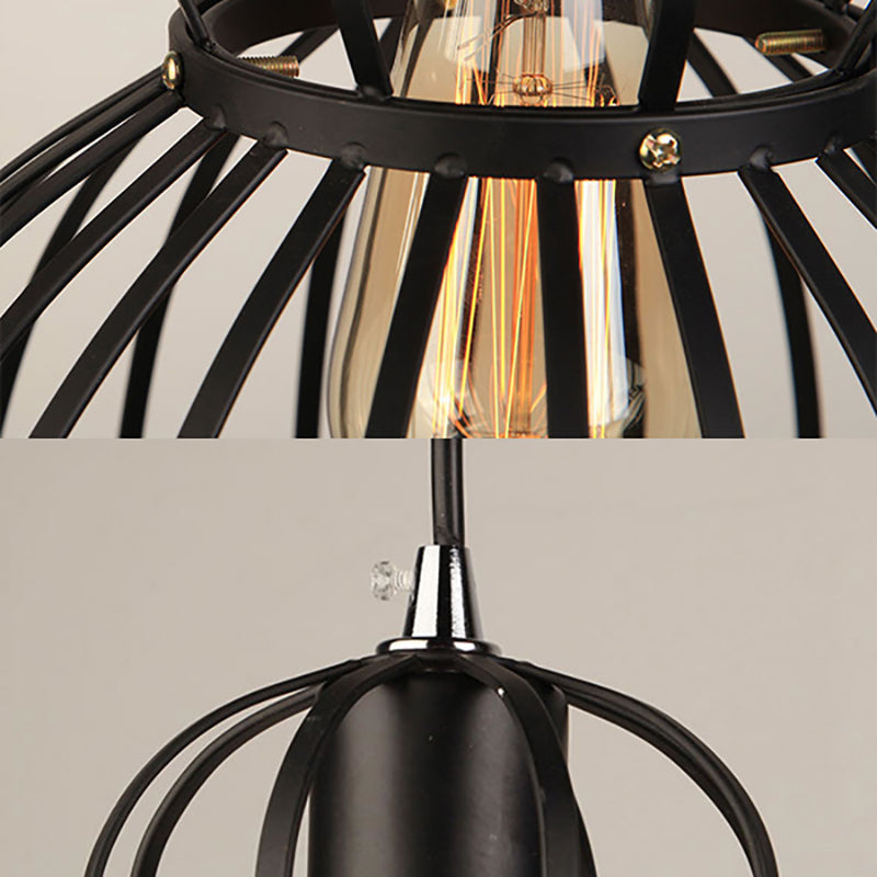 Vintage Industrial Black Wire Cage Pendant Lamp - 1 Light Hanging Fixture With Lantern Design For