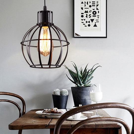 Industrial Metal Ball Cage Shade Pendant Light With Black Finish - Perfect For Restaurants