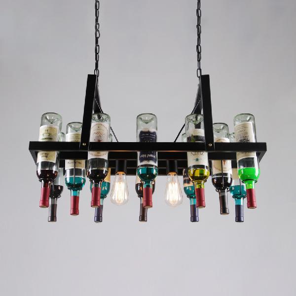 Industrial Black 2-Light Chandelier with Clear Glass Shades - Multi-color Wine Bottle Bistro Pendant Light