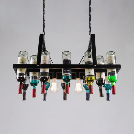 Industrial Black 2-Light Chandelier With Clear Glass Shades - Multi-Color Wine Bottle Bistro Pendant