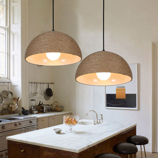 Vintage-Style Beige Ceiling Light Fixture: Rope & Metal Dome, 1-Bulb Kitchen Pendant