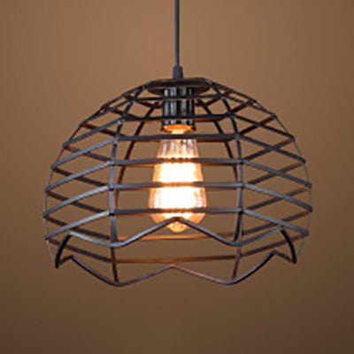 Vintage Industrial Dome Caged Pendant Light - Black Hanging Lamp With Metallic Finish: Perfect For