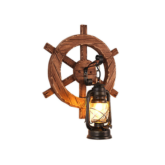 Antiqued Kerosene Wall Sconce With Clear Glass And Wood Leaf/Key Backplate For Dining Room Lighting