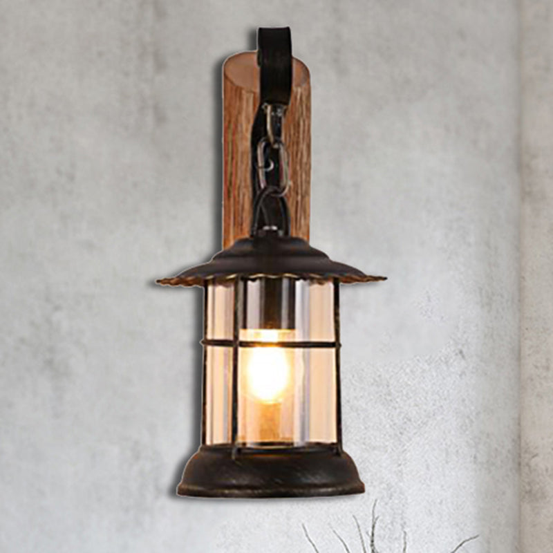 Antiqued Kerosene Wall Sconce With Clear Glass And Wood Leaf/Key Backplate For Dining Room Lighting