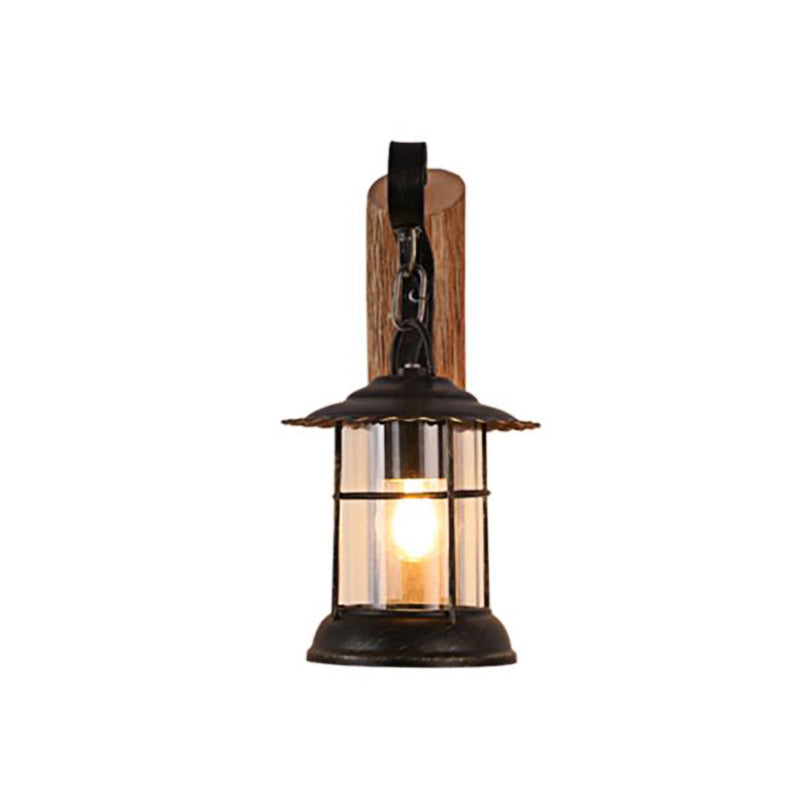 Antiqued Kerosene Wall Sconce With Clear Glass And Wood Leaf/Key Backplate For Dining Room Lighting