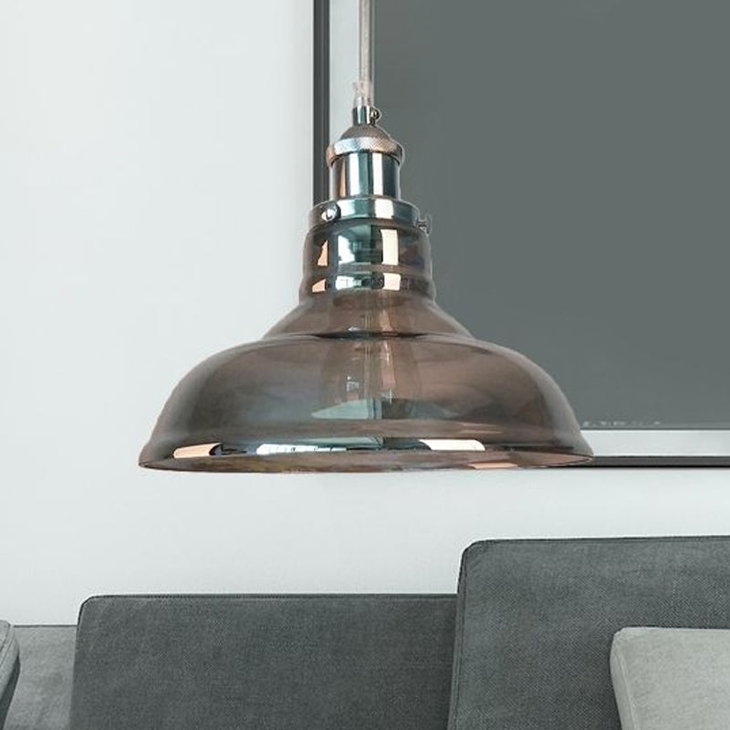 1-Light Smoked Glass Cone Pendant Lamp In Chrome - Industrial Barn Hanging Fixture Smoke Gray /