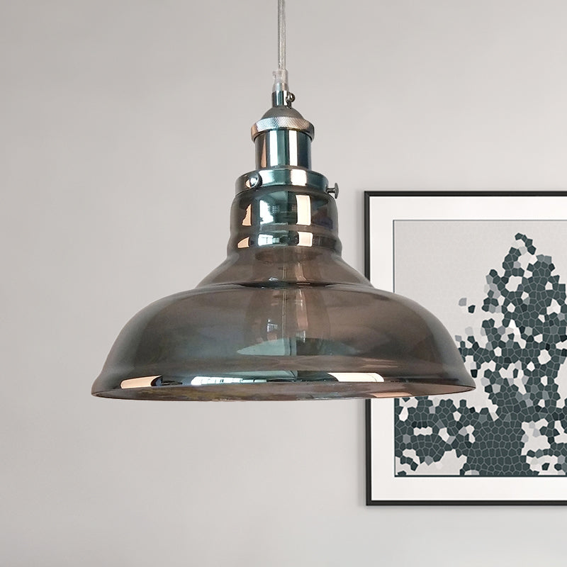 1-Light Smoked Glass Cone Pendant Lamp In Chrome - Industrial Barn Hanging Fixture