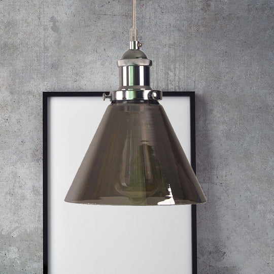 1-Light Smoked Glass Cone Pendant Lamp In Chrome - Industrial Barn Hanging Fixture