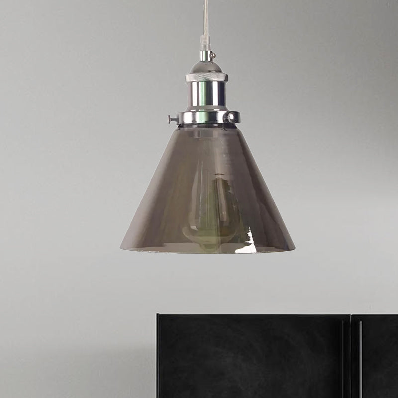 1-Light Smoked Glass Cone Pendant Lamp In Chrome - Industrial Barn Hanging Fixture