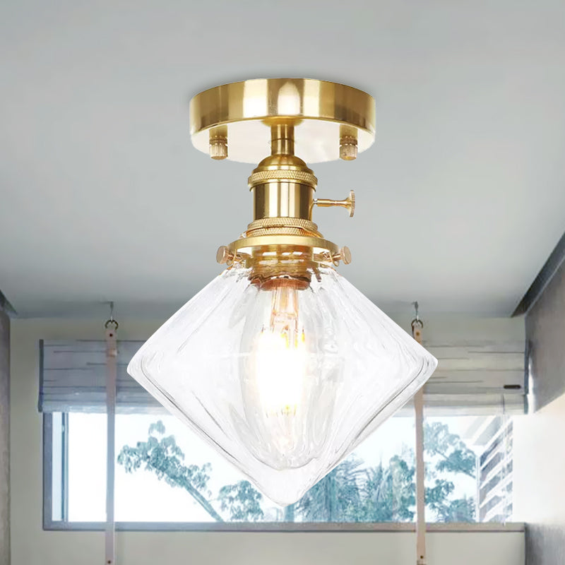 Industrially Styled Gem Shade Semi Flush Light for Living Rooms with Prismatic Glass and Clear/Amber Lamping