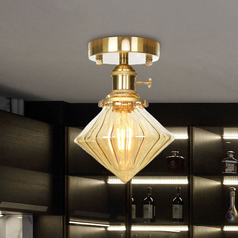 Industrially Styled Gem Shade Semi Flush Light for Living Rooms with Prismatic Glass and Clear/Amber Lamping