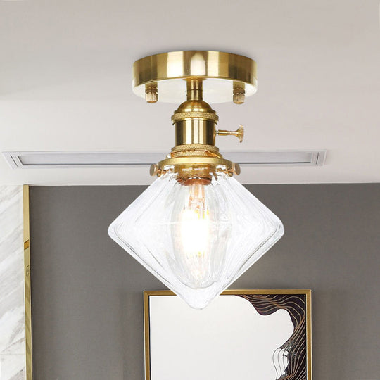 Industrially Styled Gem Shade Semi Flush Light for Living Rooms with Prismatic Glass and Clear/Amber Lamping