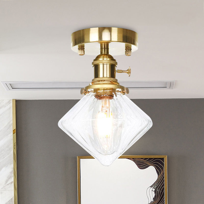 Industrially Styled Gem Shade Semi Flush Light For Living Rooms With Prismatic Glass And Clear/Amber