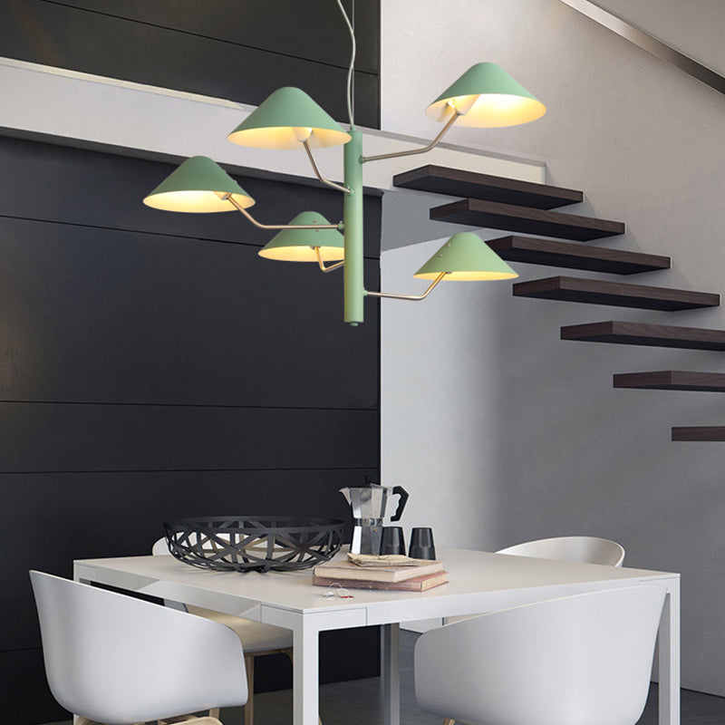 Postmodern Branch Suspension Light With Metal Cone Shades - Chandelier For Dining Room (3/5 Lights