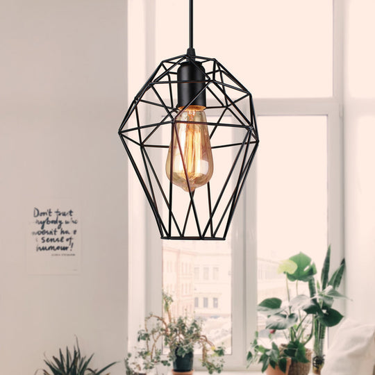 Industrial Black Metallic Wire Cage Ceiling Pendant Light with Geometric Shade