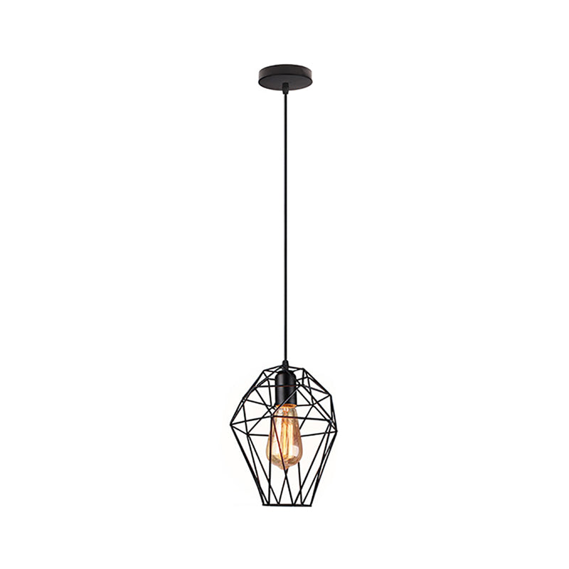 Industrial Black Metallic Wire Cage Ceiling Pendant Light with Geometric Shade