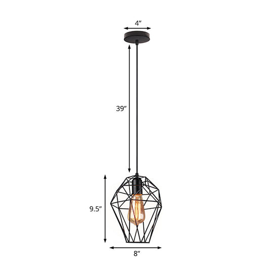 Industrial Black Wire Cage Pendant Light With Geometric Shade - Modern Ceiling Fixture