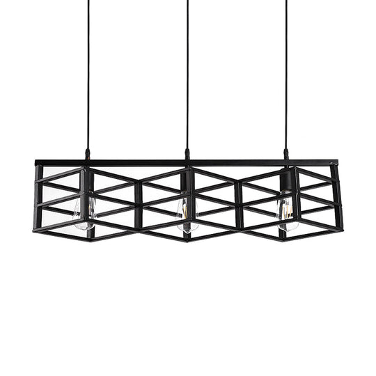 Vintage Industrial Black Linear Cage Pendant Light With 3 Bulbs For Hallways