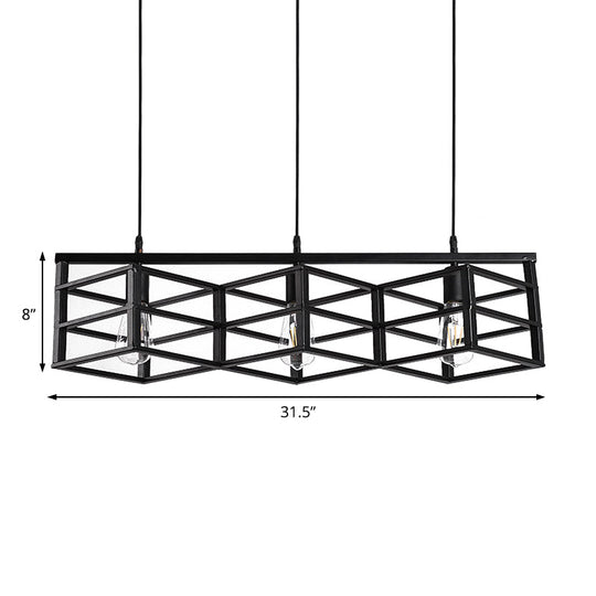 Vintage Industrial Black Linear Cage Pendant Light With 3 Bulbs For Hallways