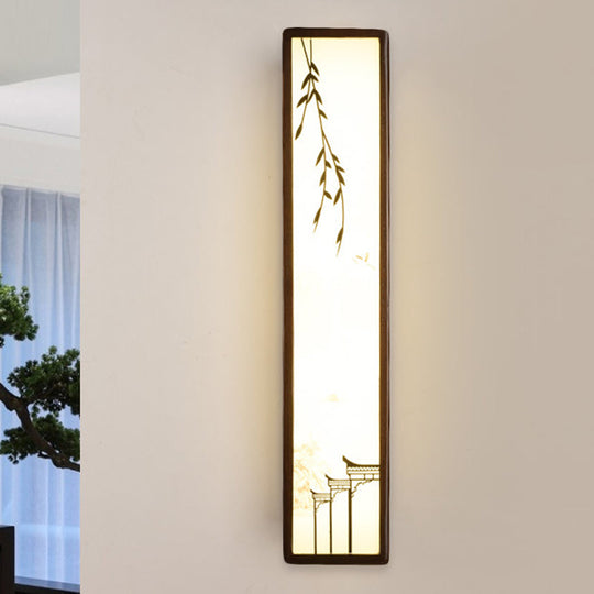 Asian-Inspired Bamboo And House Led Wall Sconce In Acrylic Rectangle Design Brown / B