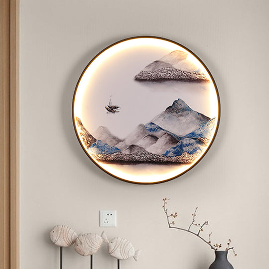 Japanese Metal Led Wall Sconce With Mountain And Bird Design For Dining Room Decor White /