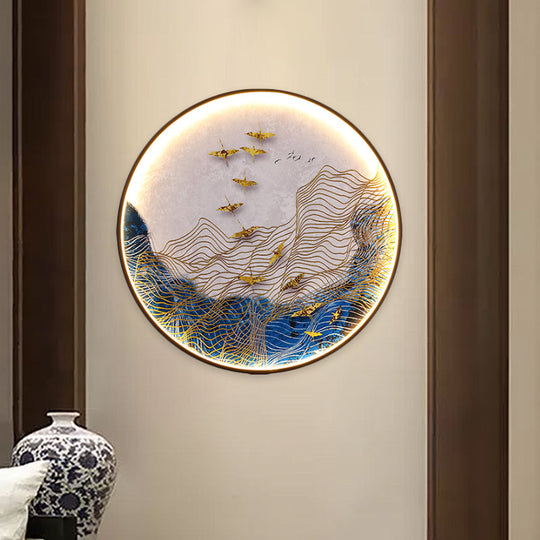 Japanese Metal Led Wall Sconce With Mountain And Bird Design For Dining Room Decor