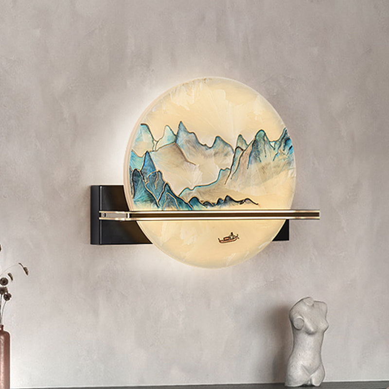 Chinese Metal Led Wall Sconce With Blue And White Hill Painting Mural For Bedside