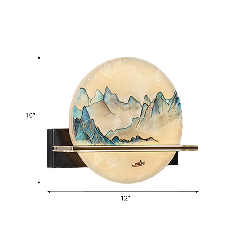 Chinese Metal Led Wall Sconce With Blue And White Hill Painting Mural For Bedside