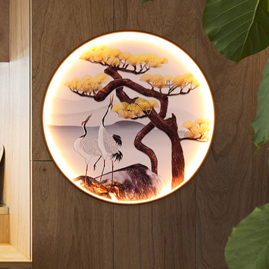 Black Halcyon Led Wall Mural Light - Asian-Inspired Mountain And Pine Tree/Bird Painting Enhance